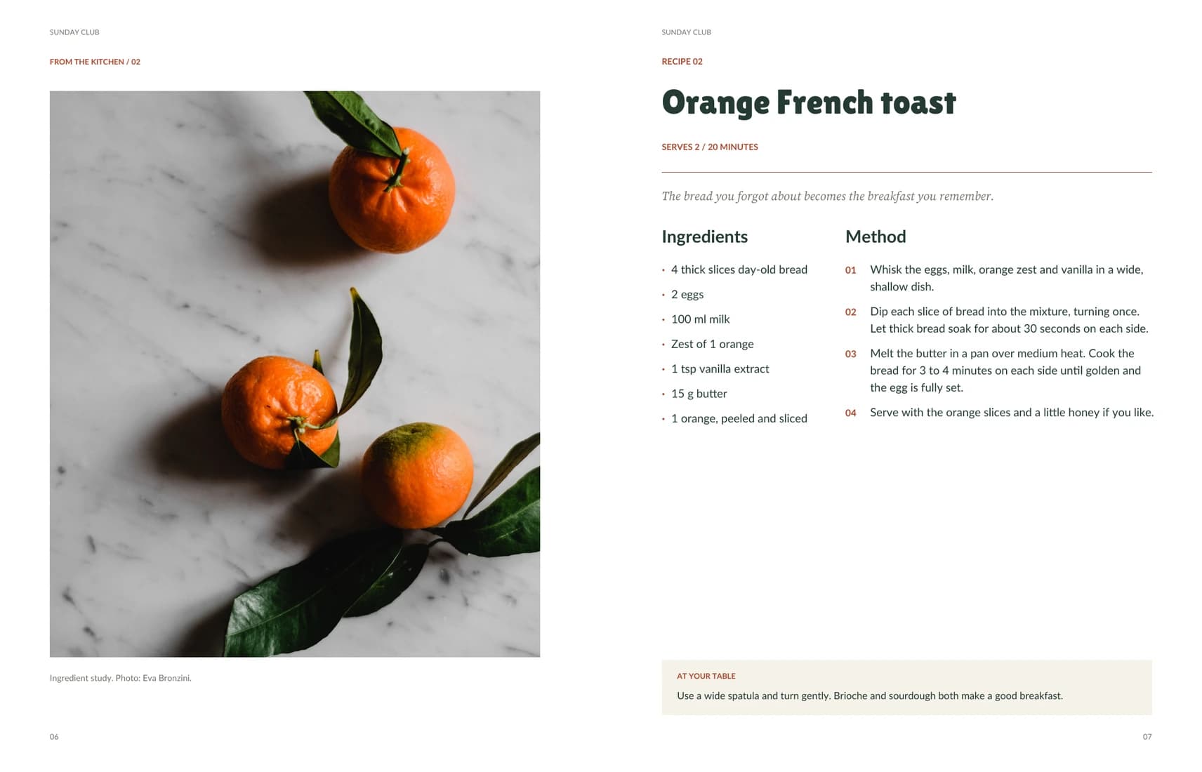 Sunday Club interior spread: orange photography facing a two-column French toast recipe with a kitchen note